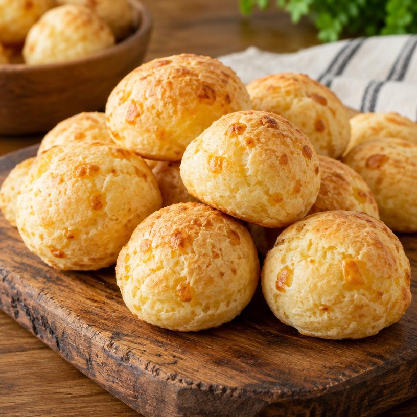 Pães de queijo dourados sobre tábua de madeira
